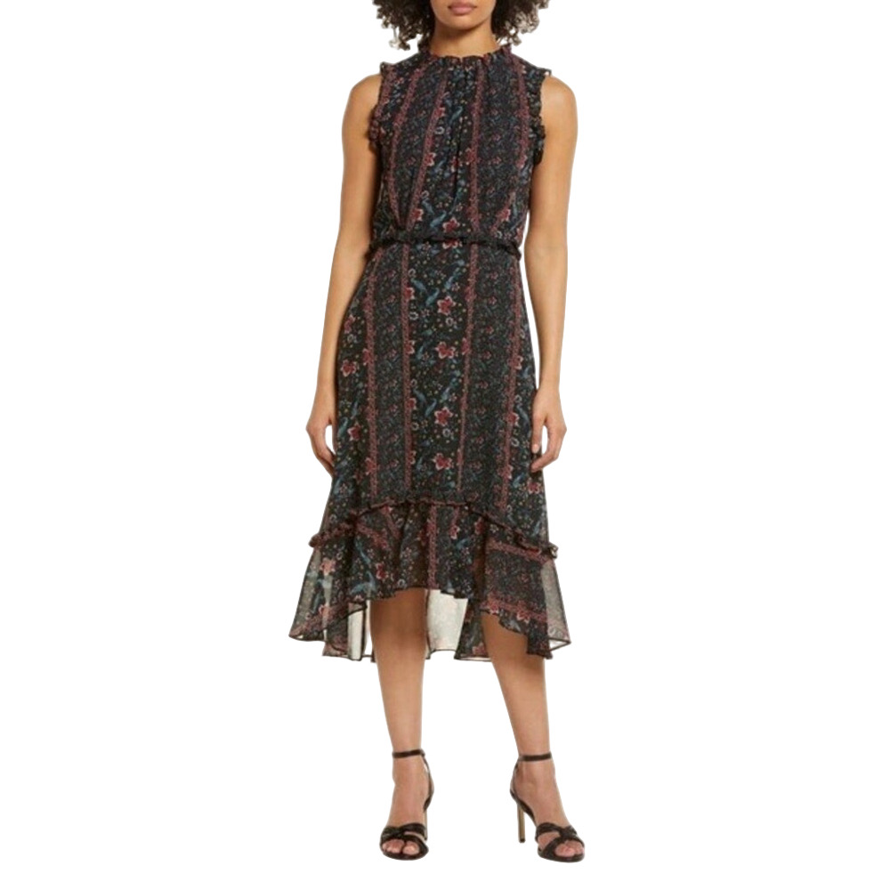Julia Jordan Midi Dress Black Vintage Floral Print Sleeveless High Neck Ruffles